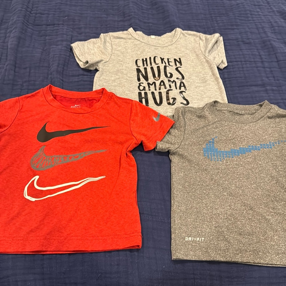 Three toddler shirts 3T, Nike Dri-Fit and Chicken Nugs and Mama Hugs